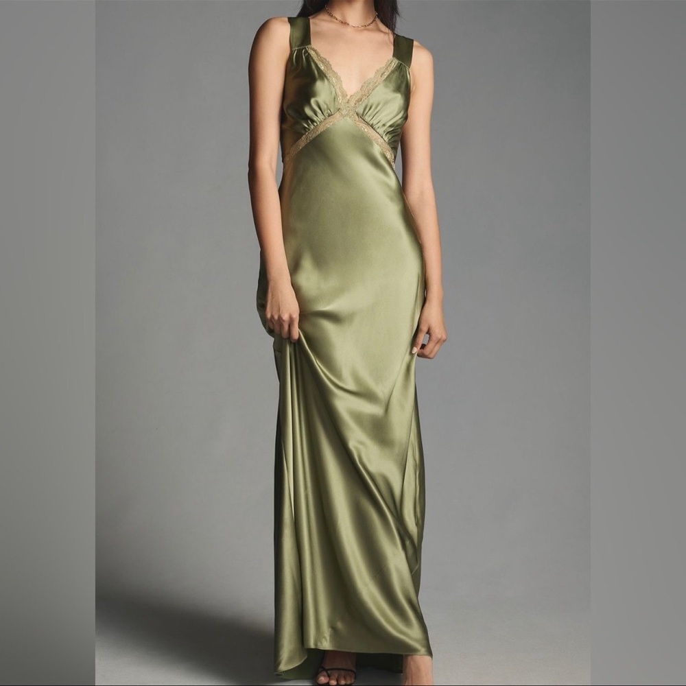Reformation Chania Olive Green Silk Maxi XS